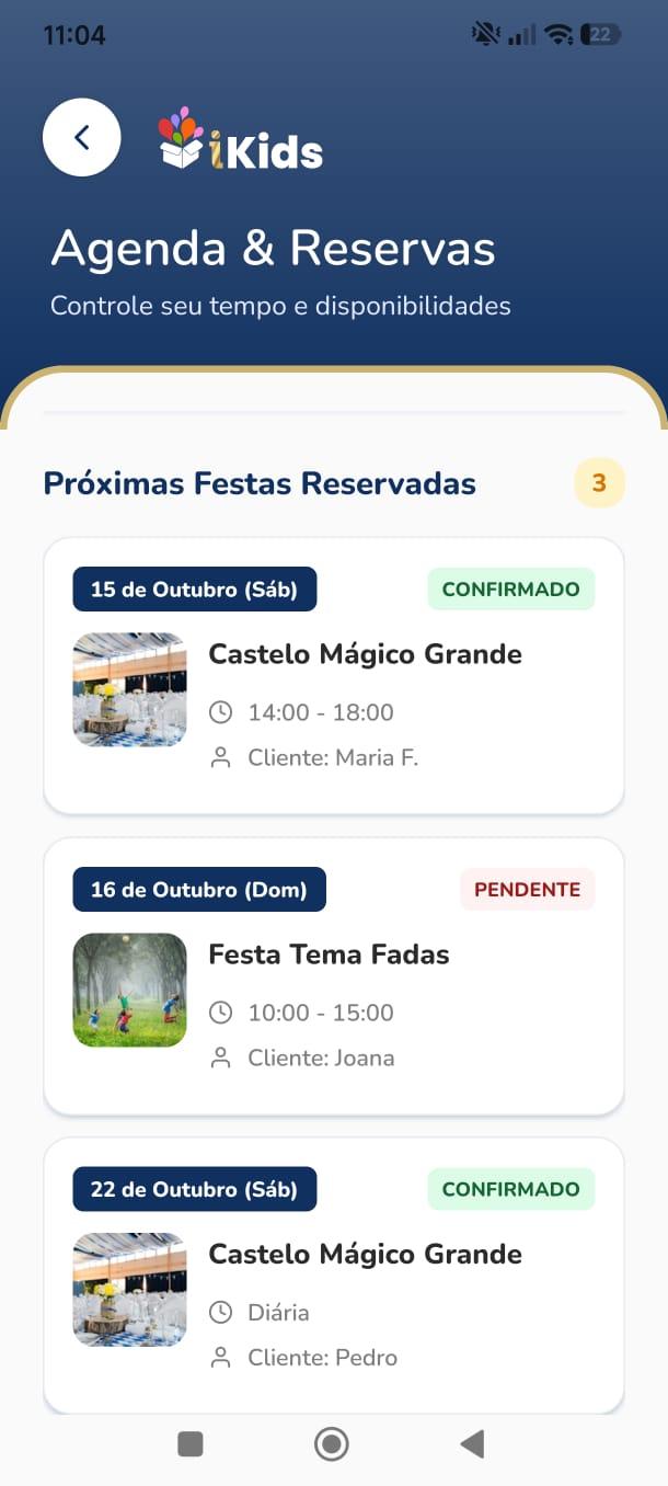Próximas Festas Reservadas no aplicativo iKids